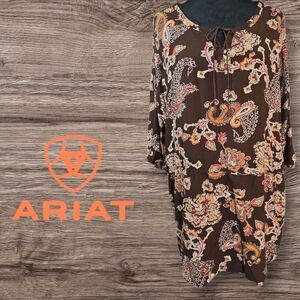 Ariat Tunic Dress Womens Paisley Floral Tie Neck Rayon 3/4 Sleeve Brown Coral XL